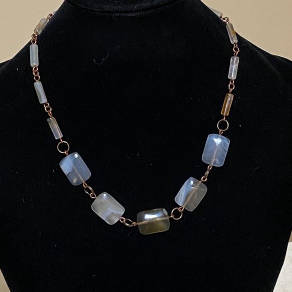 Geometric Earthy Agate Necklace, Rustic Genuine Gemstone Copper Link Necklace - Picture 4 of 12